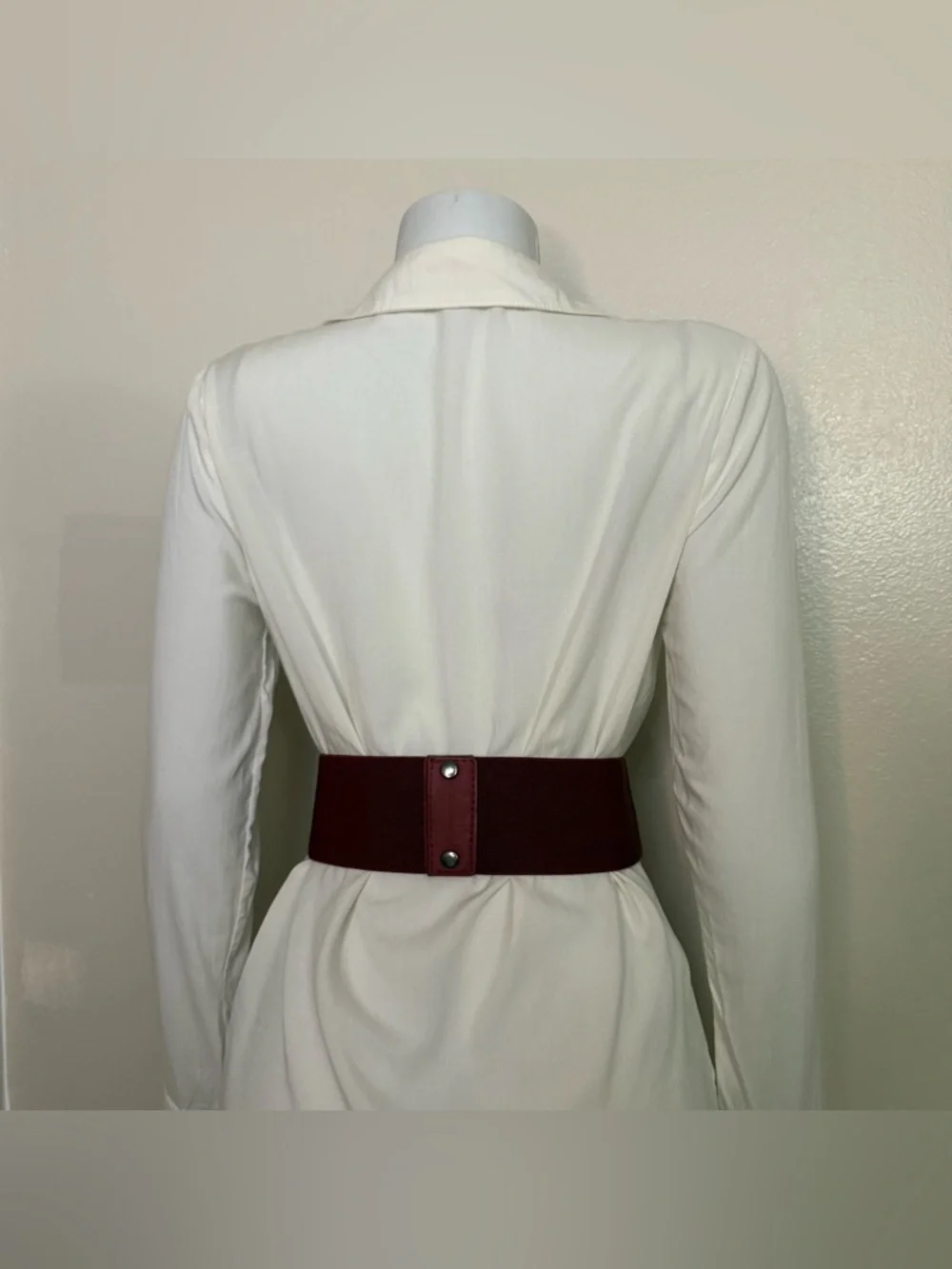 Burgundy elastic waistband belt with brass tone details